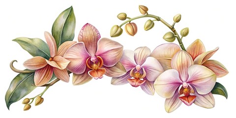 Watercolor pink and orange orchid flowers and buds