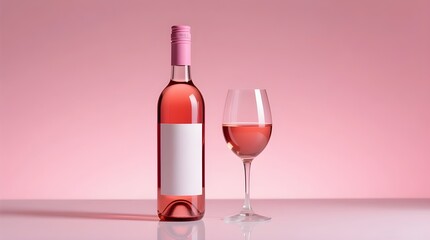 Elegant Rose Wine Bottle and Glass in Minimalist Pink Studio Setting