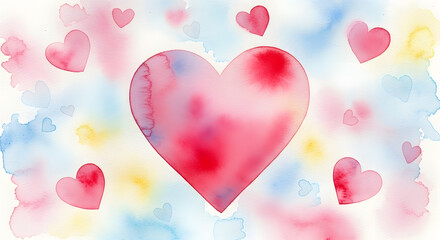 Soft pink and blue watercolor hearts, abstract art for love and romance.