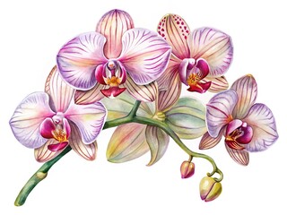 Watercolor botanical illustration of pink stripe orchids.