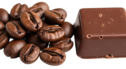 Macro Shot Coffee Bean Cluster Beside Chocolate Snack on White