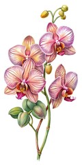 Vibrant watercolor orchid flowers blooming on white