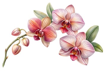 Pink and white orchid branch with buds and leaves.
