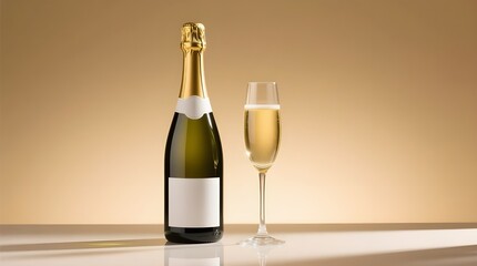 Elegant Champagne Bottle and Glass in Luxury Gold Studio Setting