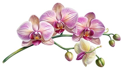 Watercolor orchid branch with pink flowers and buds