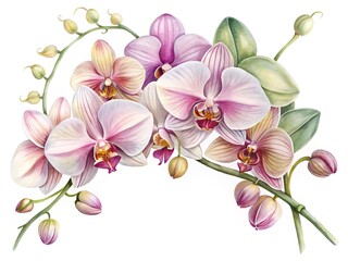 Delicate watercolor orchid flowers blooming branch