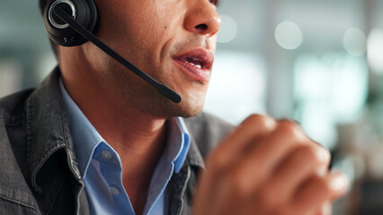Man, mouth and talking with headset in call centre for customer service, online query and billing....