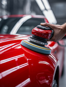 Handheld rotary buffer machine polishing red sports car surface in auto detailing workshop for glossy finish and paint restoration