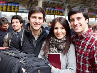Excited friends at the airport check-in, ready for a sun-soaked beach getaway, with vibrant destination posters above.