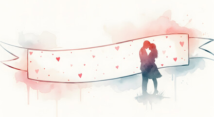 Romantic watercolor silhouette of a couple embracing with hearts and banner.