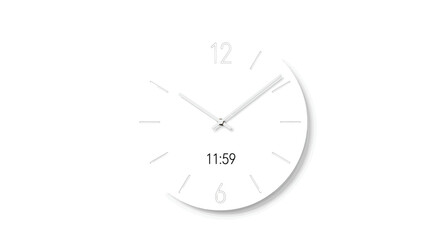 Minimalist white clock showing eleven fifty nine on display