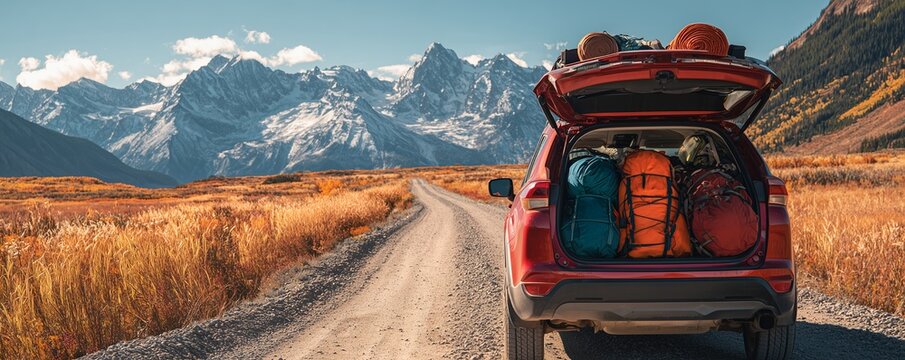 Rear view of red SUV car loaded with camping gear on a dirt road in mountains, concept for adventure travel, family vacation and outdoor lifestyle