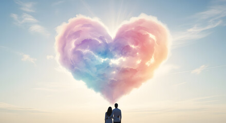 Couple looking at vibrant heart-shaped cloud in serene sky, symbol of love