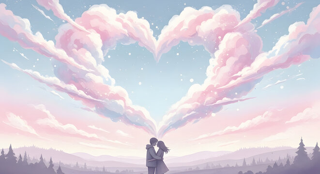 Romantic couple embracing beneath heart-shaped clouds in dreamy twilight scene.