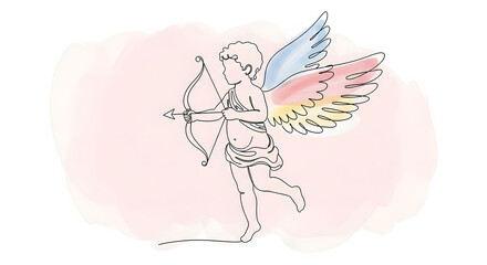 Continuous line art of cupid with bow and arrow, pastel watercolor wings.