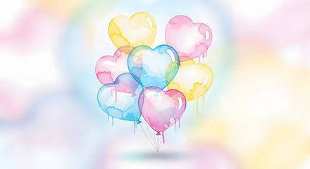 Vibrant pastel watercolor heart balloons with dripping paint on soft background
