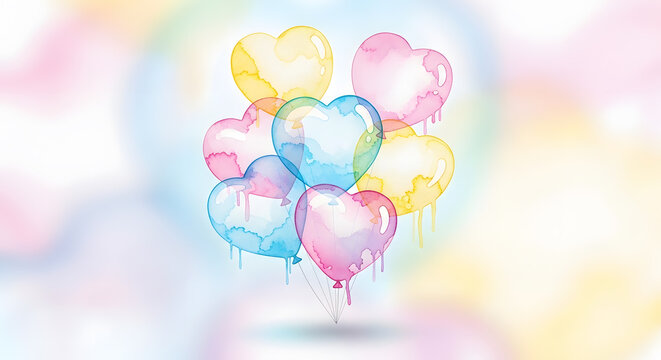 Vibrant pastel watercolor heart balloons with dripping paint on soft background - Powered by Adobe