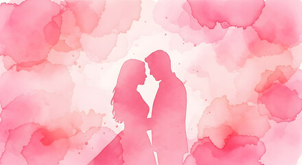 Romantic couple silhouette with tender gesture on pink watercolor background