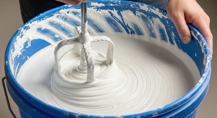 Mixing white paint in blue bucket with electric mixer by caucasian adult
