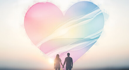 Couple holding hands under a large watercolor gradient heart, love sunset