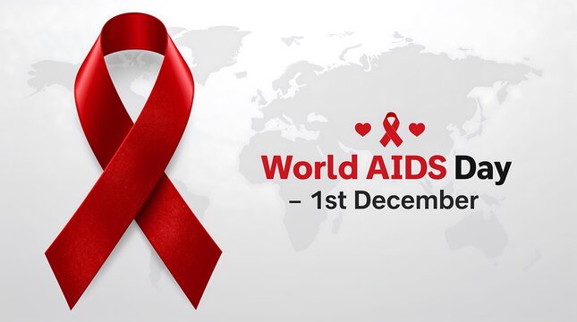 World AIDS Day awareness design featuring a bold red ribbon and global map background highlighting the 1st December observance