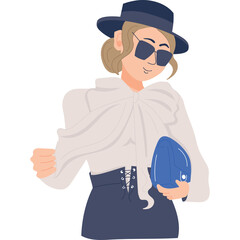 Pixelated Woman Wearing a White Blouse Dark Skirt and Hat Holding a Blue Jewel in a Stylish Pose on a Transparent Background