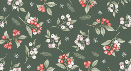 Watercolor Winter Berry Seamless Pattern with Leaves and Snowflakes on Green Background