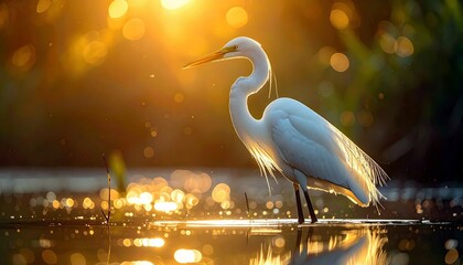 A majestic white Great Egret stands gracefully in calm water, illuminated by the warm glow of a setting sun.