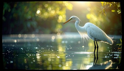 A majestic white Great Egret stands gracefully in calm, shallow water, illuminated by warm sunlight filtering through lush green foliage.