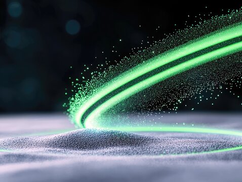A vibrant green light trail and a cloud of small particles swirl upwards from a textured, granular surface against a dark background. - Powered by Adobe