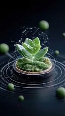 A vibrant green succulent plant sits within a moss-filled terrarium, surrounded by digital graphics and floating green spheres against a dark background.