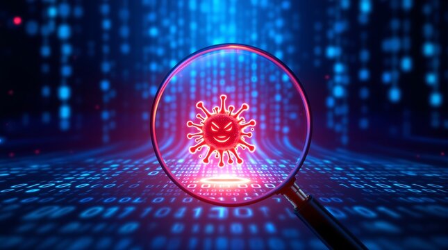 Cybersecurity virus detection magnifying glass threat analysis malware scan digital security data protection - Powered by Adobe