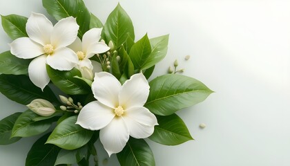 Obraz premium Abstract white cape jasmines with lush green leaves background for floral decorative design projects
