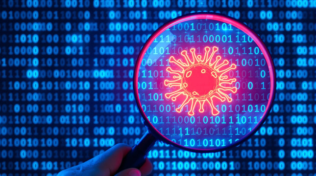 Analyzing covid virus threat in digital world cybersecurity and binary code with magnifying glass concept