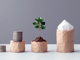 A progression of paper bags on a white surface, showing a stack of coins, a growing plant, and folded paper, representing financial growth and investment.