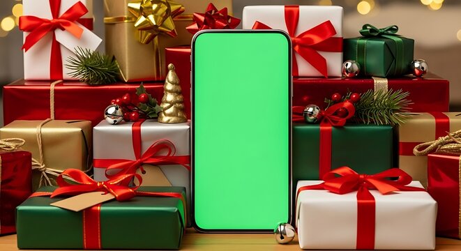 Modern smartphone with a blank green screen display, elegantly placed amidst a bountiful collection of beautifully wrapped holiday presents, perfect for seasonal promotions and digital content