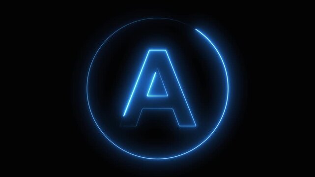 Glowing Blue Neon Letter A Inside a Circle on animated Black Background alphabet. Animated glowing blue letter A inside circular outline, alphabet symbol, neon typography, and glowing interface.