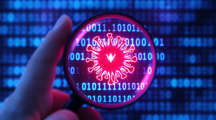 Cybersecurity threat analysis magnifying glass virus binary code data breach digital security investigation