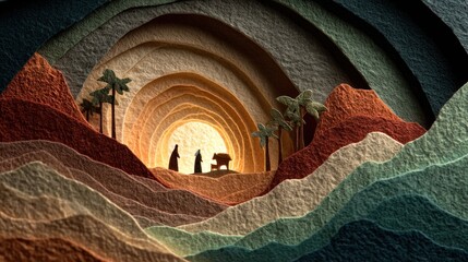 Layered paper art depicts a nativity scene within a cave-like formation