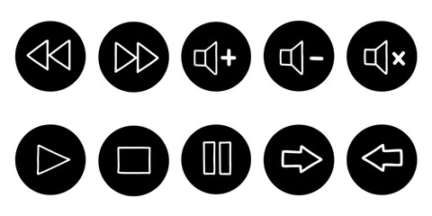 Hand drawn media player icons set vector. Minimalist black circle multimedia icon collection