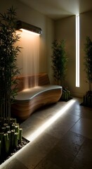 Modern Spa Interior with Waterfall Feature, Bamboo, and Ambient Lighting for Wellness and Relaxation.