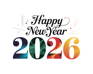 Colorful gradient numbers 2026 with celebratory text and confetti isolated on transparent background