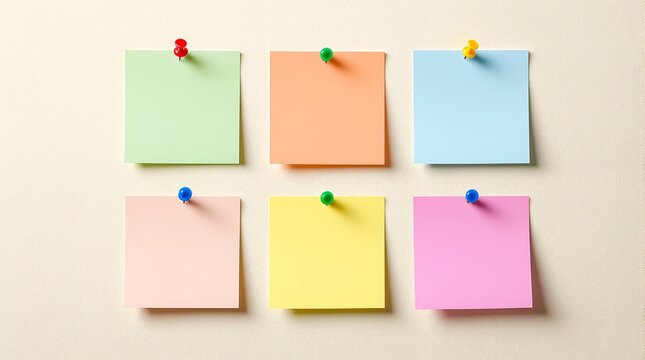 Colorful sticky notes pinned to wall for reminders and organization in office or home workspace concept