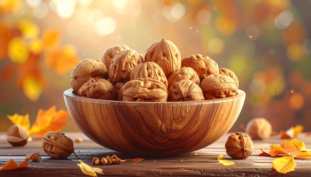 가을 햇살 아래 나무 볼에 담긴 호두 정물 컷 Autumn Sunlit Still Life of Walnuts in Wooden Bowl