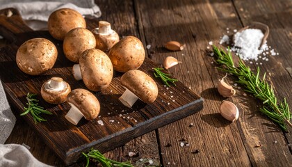나무 도마 위의 신선한 크리미니 버섯 정물 사진 Fresh Cremini Mushrooms on Wooden Cutting Board