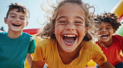 A group of kids enjoying a colorful bouncy castle at a birthday party, laughing and jumping