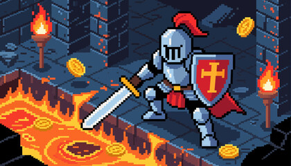Knight in pixel art style standing near lava and coins in dungeon setting.