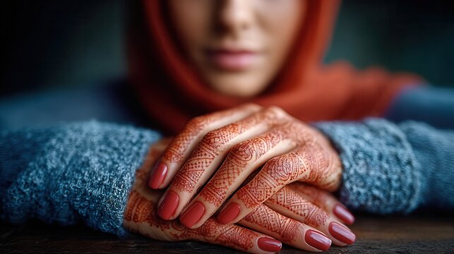 Elegant henna art on woman's hands, a symbol of tradition and beauty, perfect for cultural events, henna designs and beauty product advertising campaigns