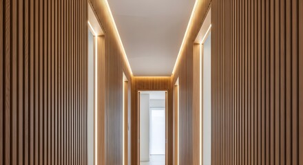 Modern Interior Hallway with Wood Paneling and LED Lighting, Contemporary Design, Architecture Photography