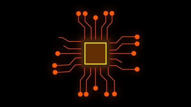 Orange Microchip Circuit with Glowing Edges on animated Black processor technology. Animated microchip circuit in orange with glowing edges creating smooth dynamic processor and tech visuals.